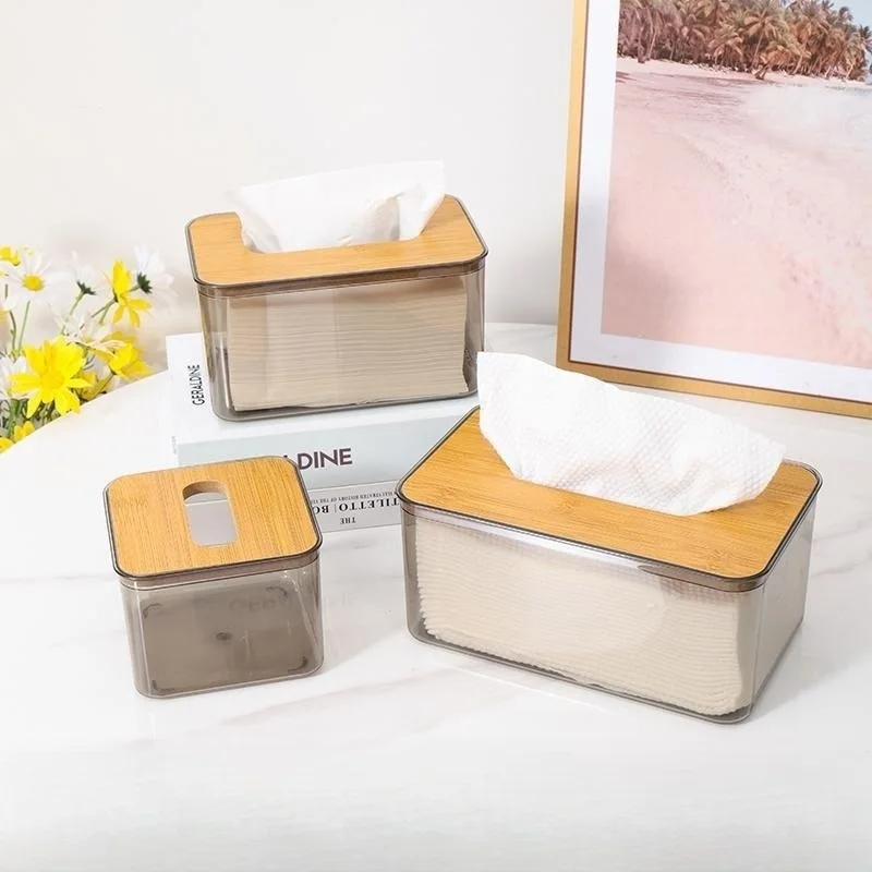 New Plastic Tissue Box Wooden Lid Round/Square Napkin Holder Container Wet Tissue Paper Dispenser Case Modern Home Car Organizer
