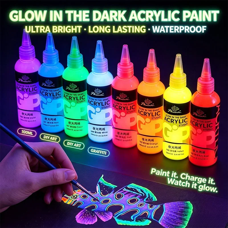 100ML Glow in Dark Acrylic Paint Set 8 Colors Luminous Fluorescent Pigment Waterproof DIY Graffiti Rock Shoe Model Art