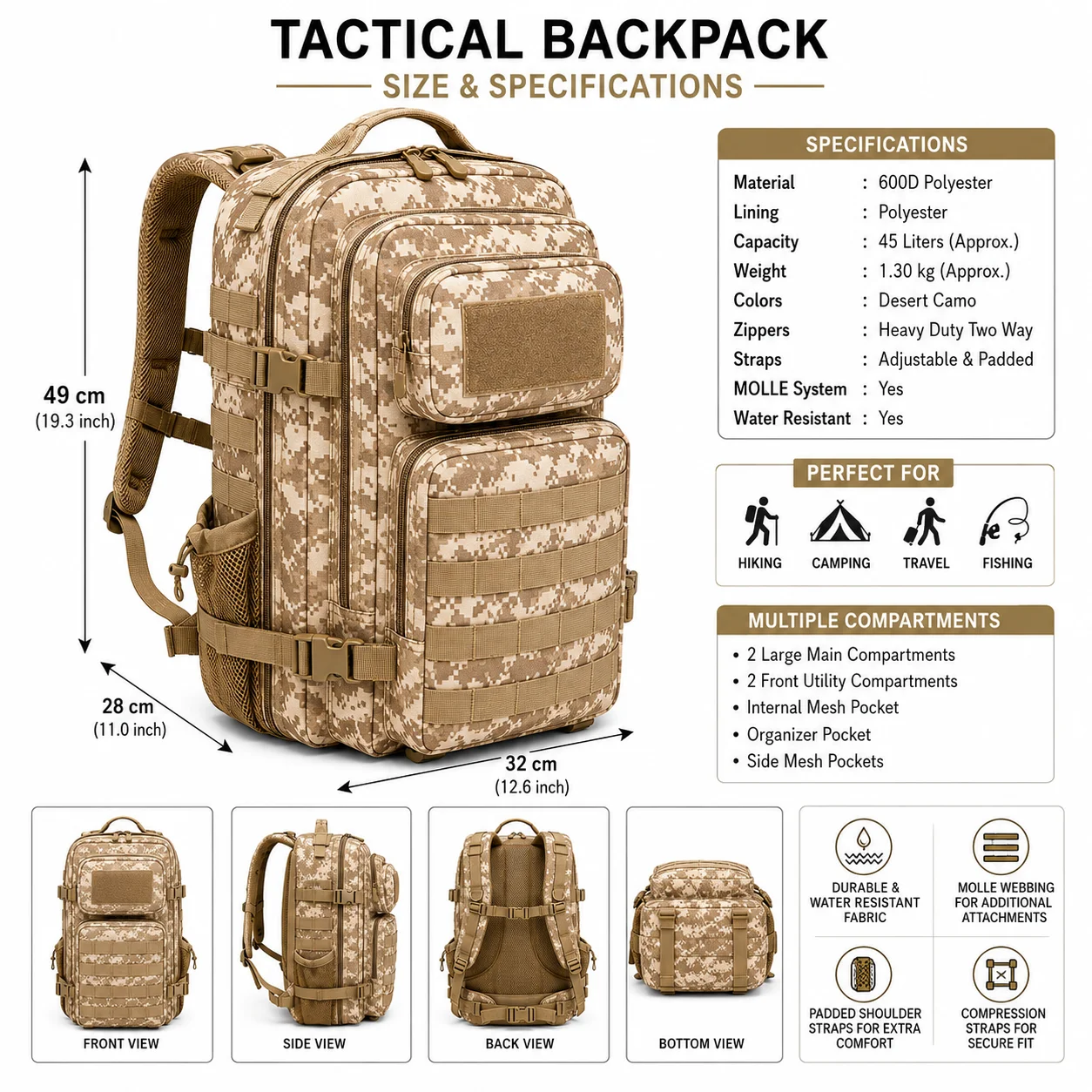 Unisex 1000D Nylon Tactical Vest Bag 12L Camouflage Outdoor Backpack Molle Carring System Zipper Polyester Men's Sports