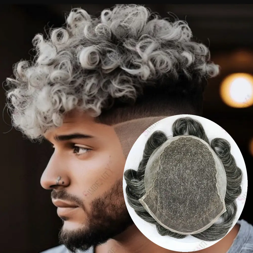 

20MM Curly Q6 Swiss Lace PU Men's Toupee Human Hair Replacment System #1b80 Grey Black Hairpiece Male Hair Capillary Prosthesis