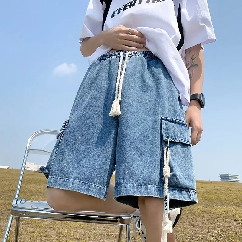 

Men's Summer Denim Shorts American Casual Loose Fit Five Points Pants Thin Breathable Streetwear Trendy Above Knee Cargo Shorts