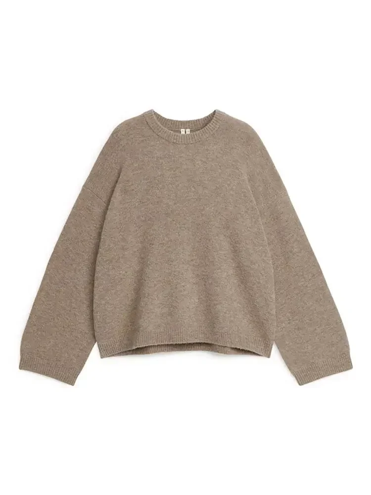 Brown Casual Round Neck Knitted Pullover Women Fashion Long Sleeve Loose Short Sweater 2024 Autumn New Lady Street Knit Tops