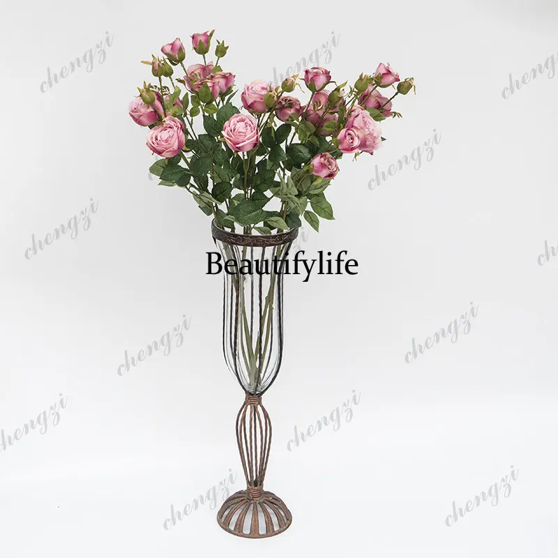 A95  American retro living room porch small mouth floor-to-ceiling glass vase decoration simulated flower arrangement decoration