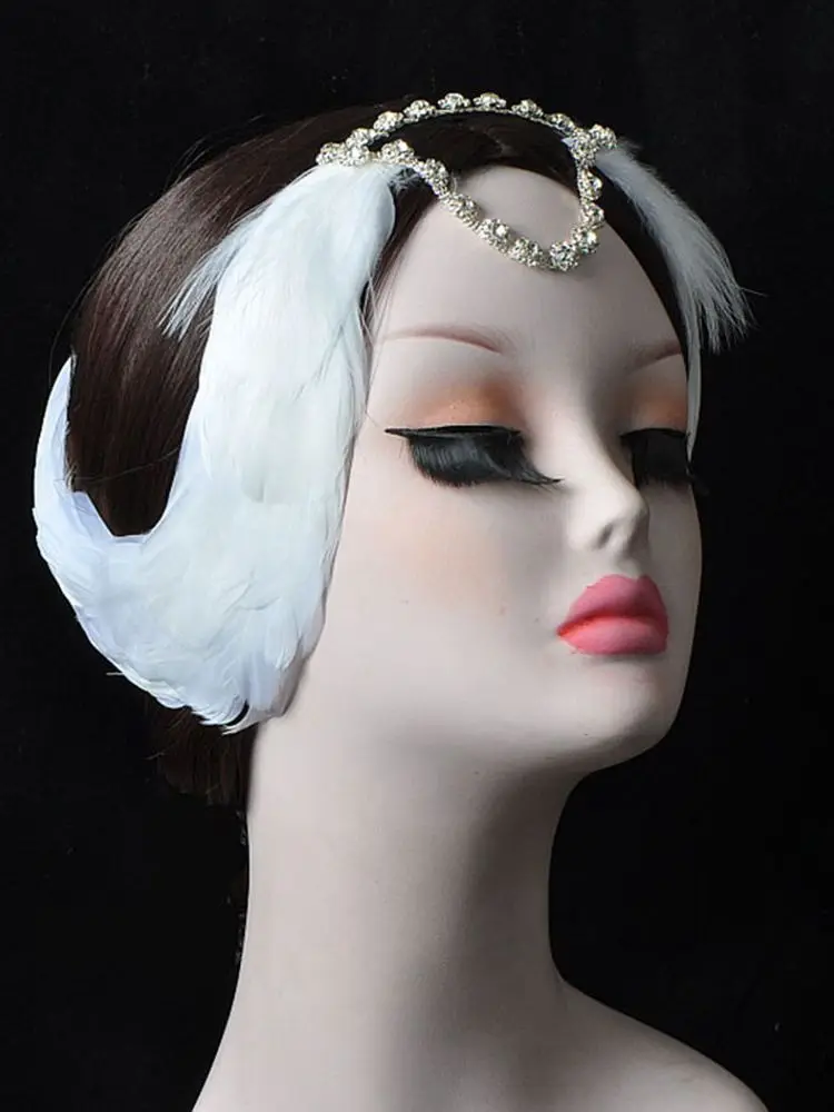 

Swan Lake Ballet Feather Headpiece White Hair Feather Headband With Rhinestone, Ballet Princess Black Headdress Ballerina