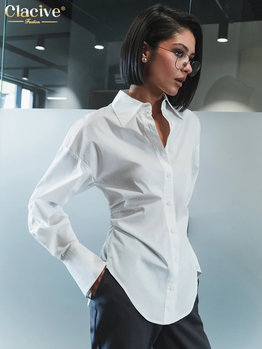 Clacive Fashion White Cotton Woman Blouse 2023 Elegant Lapel Long Sleeve Office Shirts Casual Chic Solid Top Female Clothing