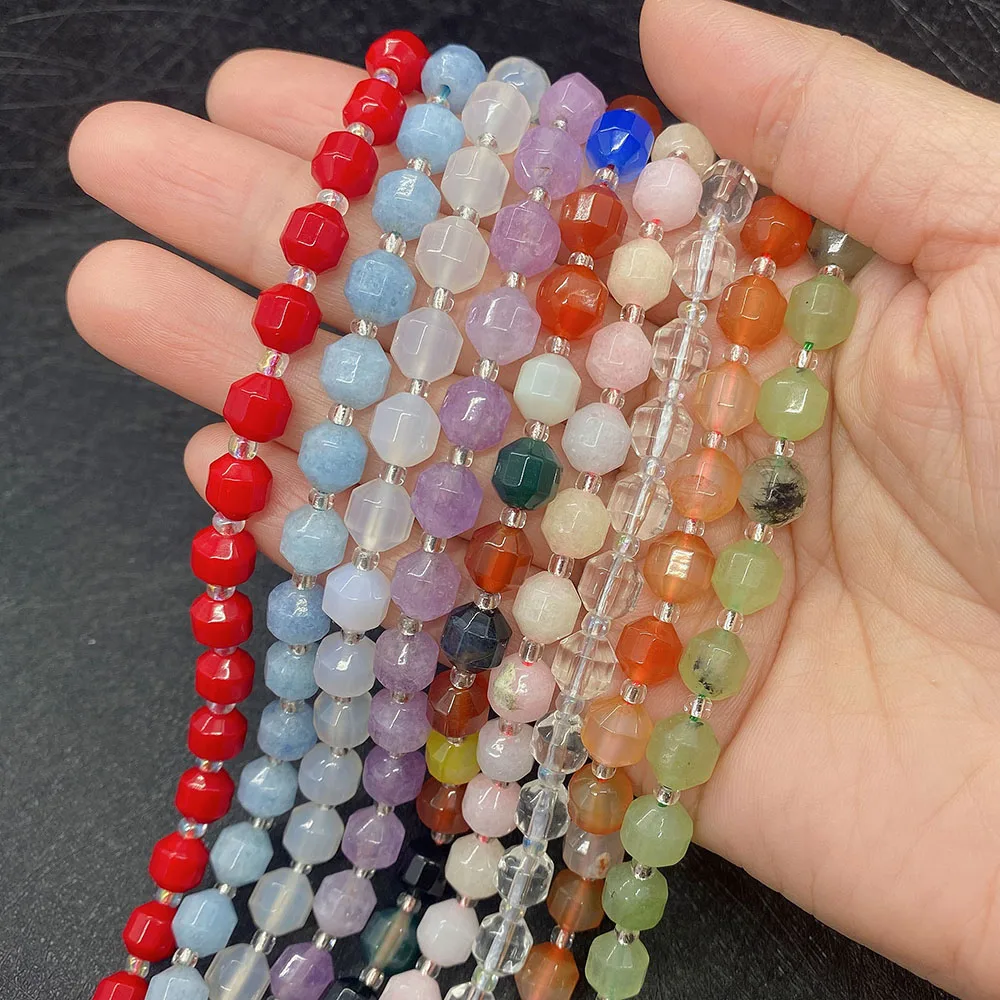 

6-10mm Natural Red Agate Aquamarine Tiger Eye Stone Facet Processing Bead Handmade Fashion Necklace Bracelet Accessory 1 Strand