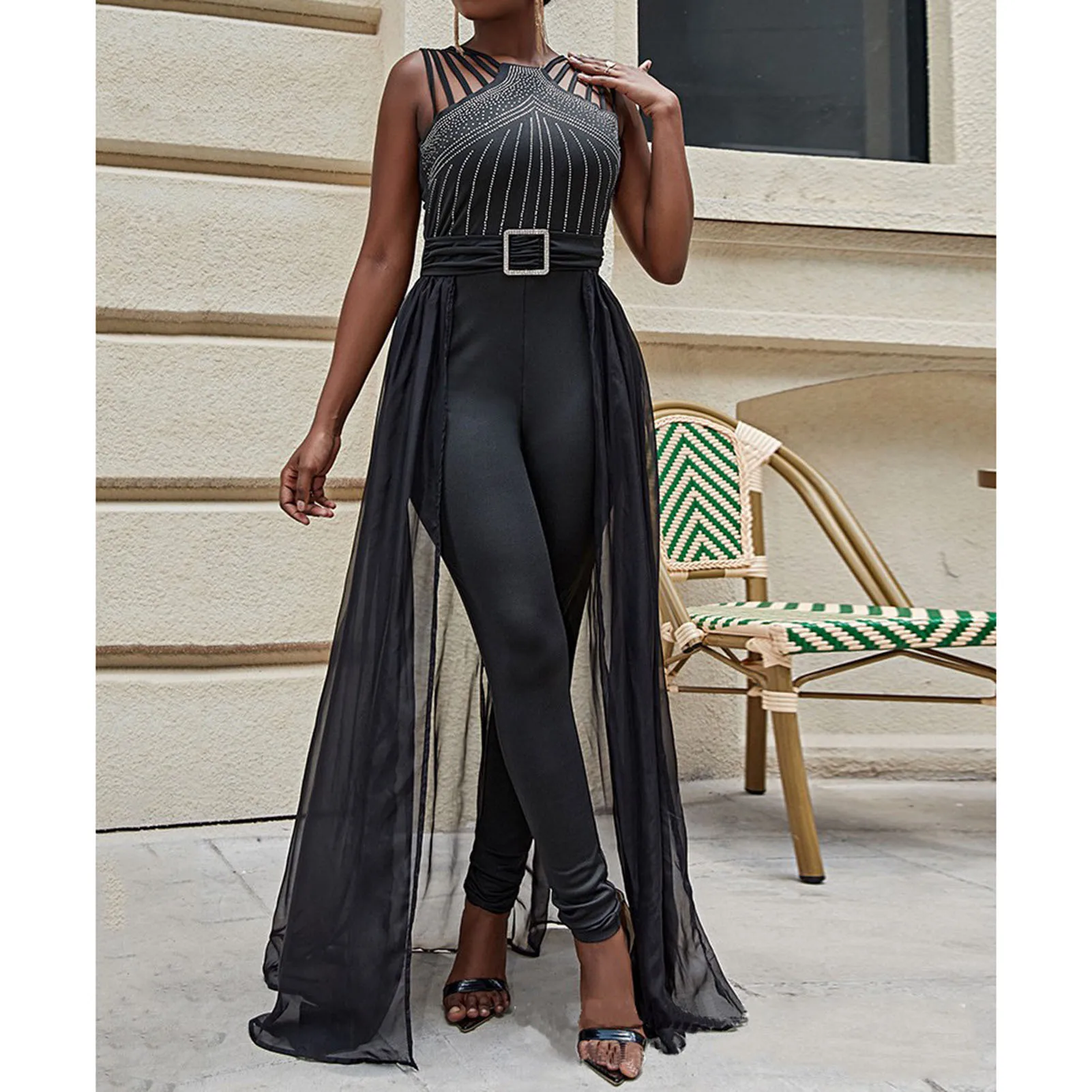 Women Rhinestone Mesh Jumpsuit Sleeveless Lace-up Rhinestone Design Jumpsuit for Office Formal Outfit