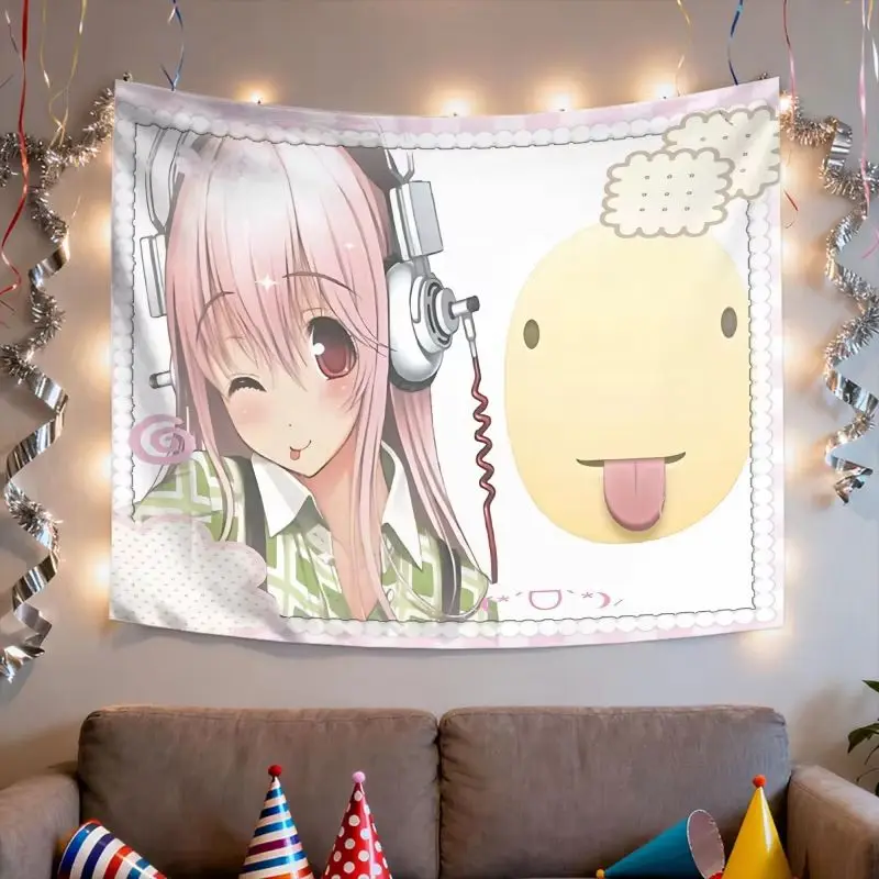 VIKAMA Cute Anime Tapestry, 2D Winking Girl Cartoon Fun Emoticon Print Wall Hanging, Soft Home Decor Tapestry for Bedroom