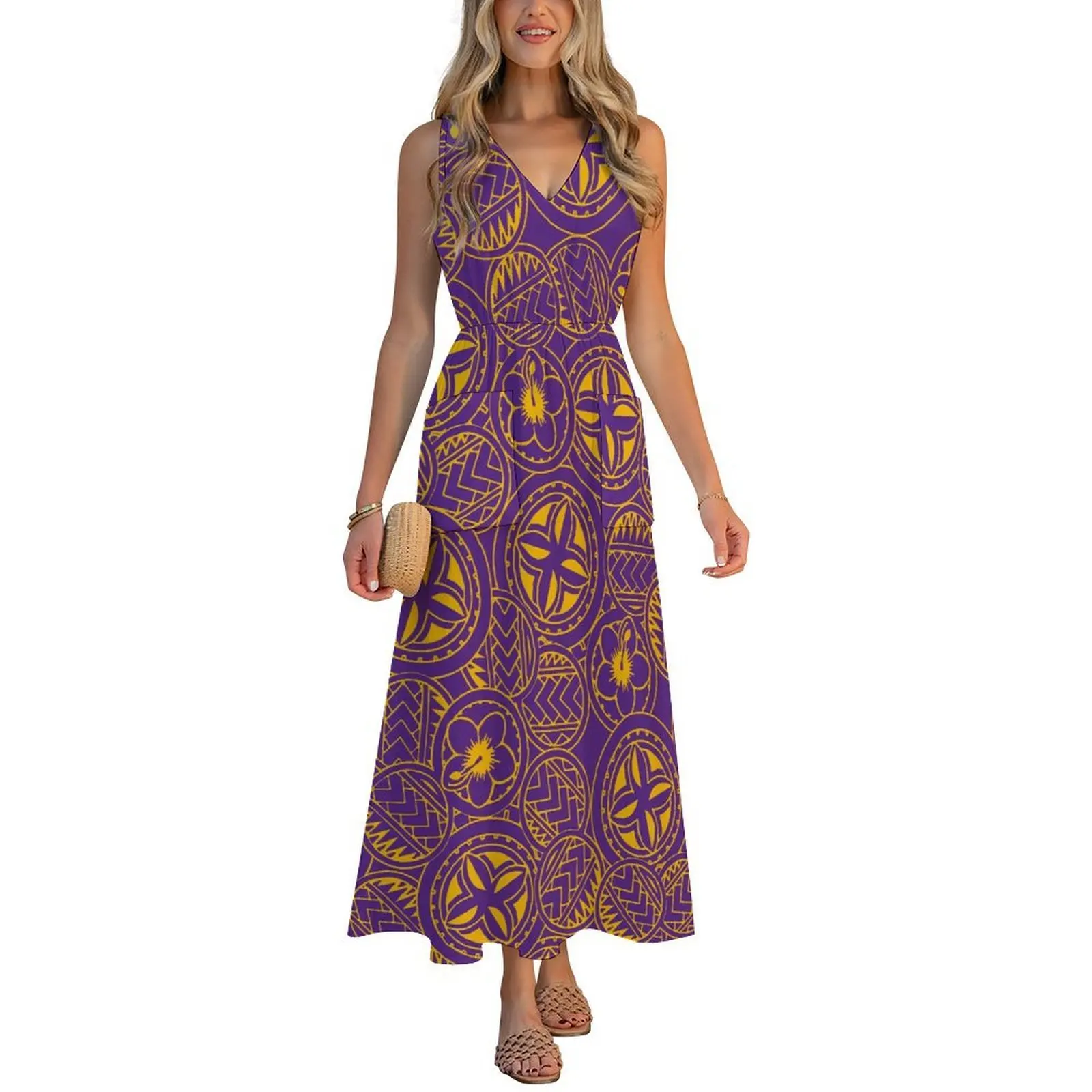 Polynesian Flower-Patterned V-Neck Dress Slimming Beach Dress Customizable Pattern Beach Dress I-Shaped Pocket Design
