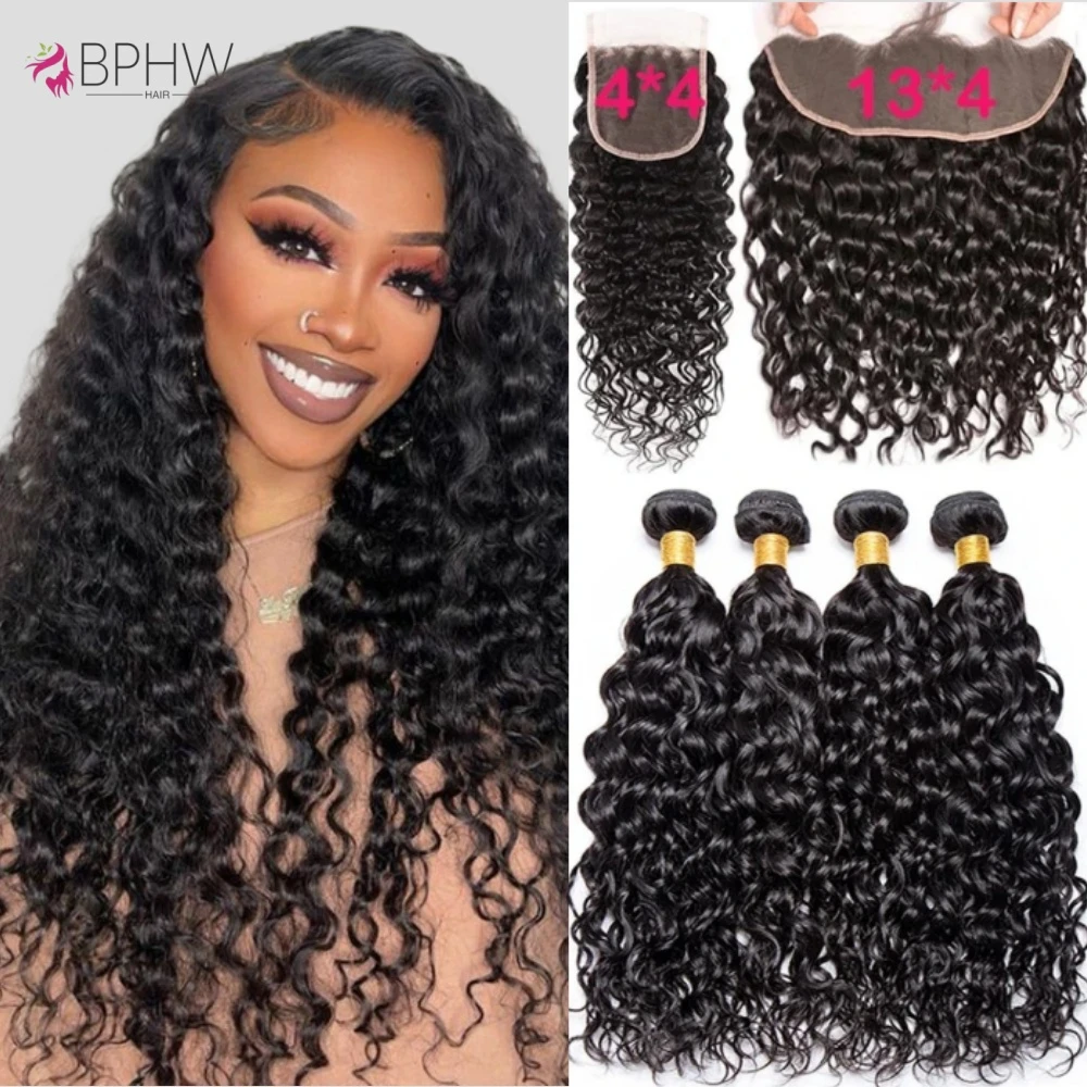 Water Wave Human Hair Bundles With 13x4 Transparent HD Lace Frontal Brazilian Extensions Weave 3 Bundles With Closure for Women