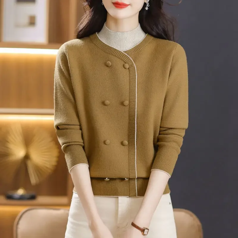 Fashion Women Sweaters Spring Autumn New Fake Two Pieces Mock Neck Double Breasted Thicken Long Sleeve Knitting Tops