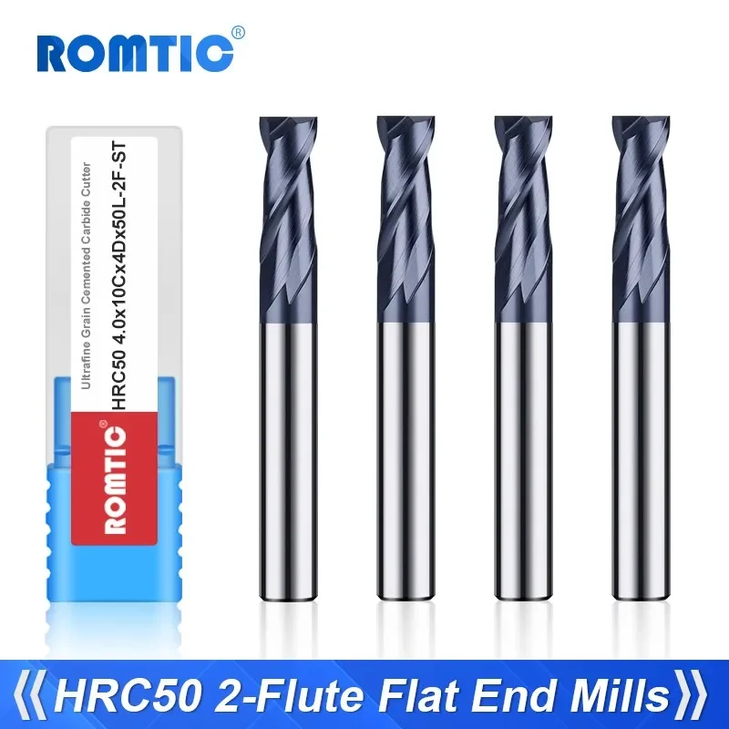 ROMTIC Nano Coating Tungsten Steel Carbide 2-Flute Flat Milling Cutter For Steel CNC Machinery Maching End Mill Tools HRC50