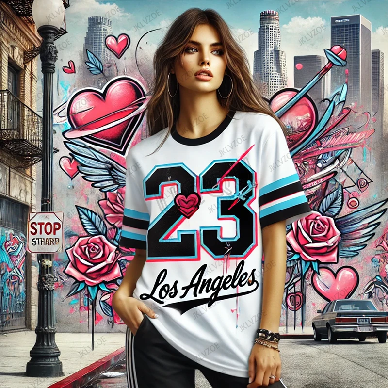 Valentine's Day Los Angeles 23 Printed T-Shirt For Women Street Graffiti Short Sleeve Sports Football Jersey Y2K Oversized Tops