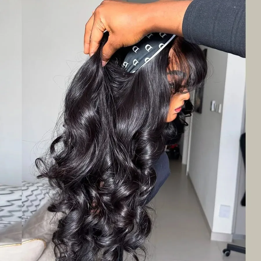 Black Body Wave Lace Front Wig With Bangs 13x4 HD Synthetic and blend lace wigs Pre Plucked Daily Cosplay Gluelesss For Women