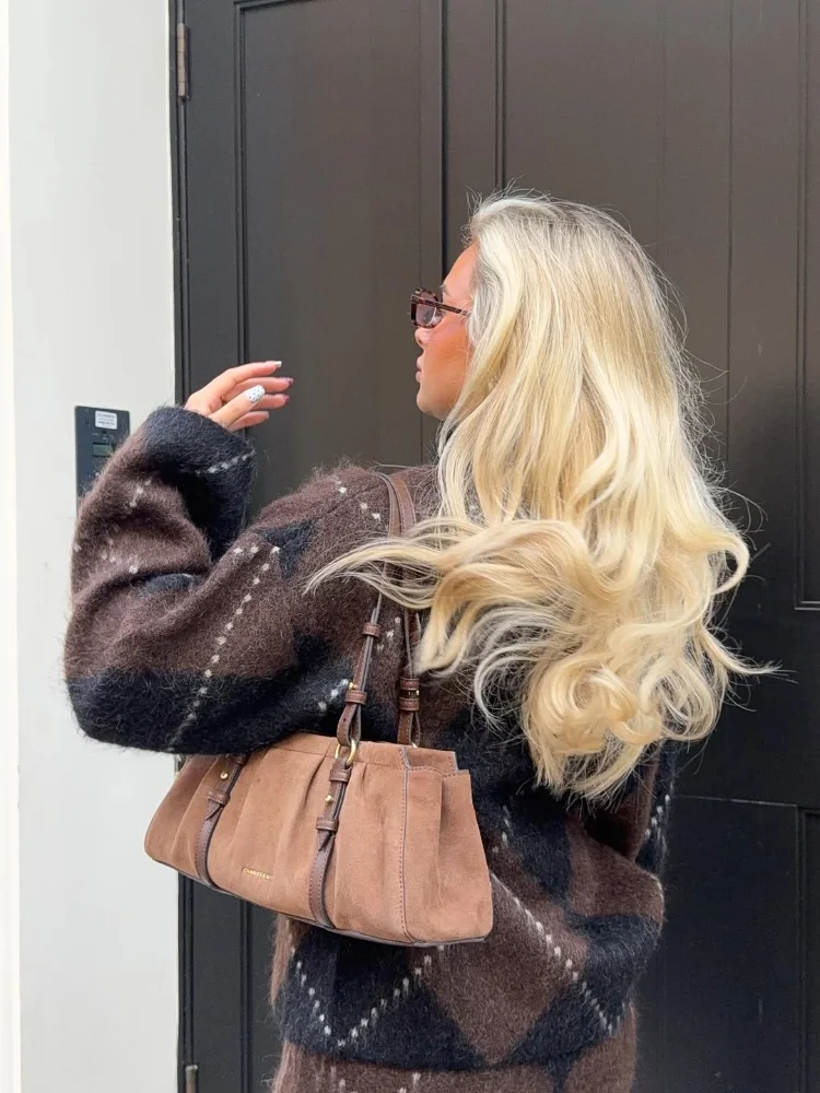 

Autumn Commute Jumper Tops Knitted Women's Turtleneck Sweater Fashion Loose Long Sleeve Warm Check Diamond Female Pullover