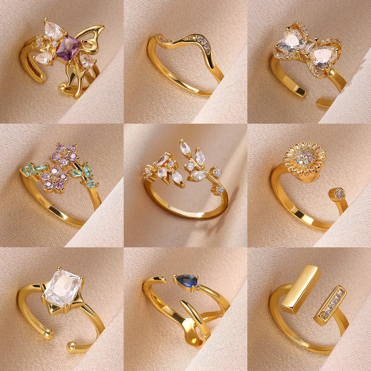 

Luxury Stainless Steel Wavy Rings Gold Plated Colorful Stone Zircon Flower Bowknot Ring For Women Wedding Jewelry Christmas Gift