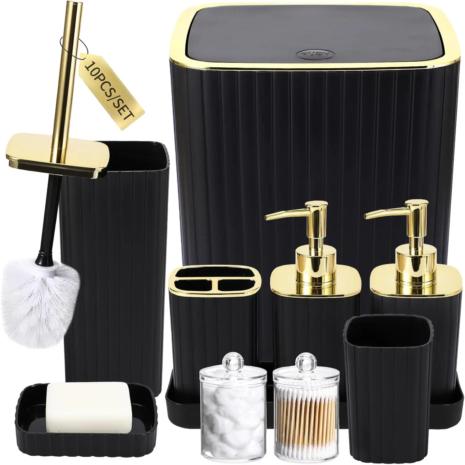 

10-Piece Bathroom Accessory Set in Black - Includes Toilet Brush, Trash Can, Qtip Holder & Soap Dispenser for Modern Decor
