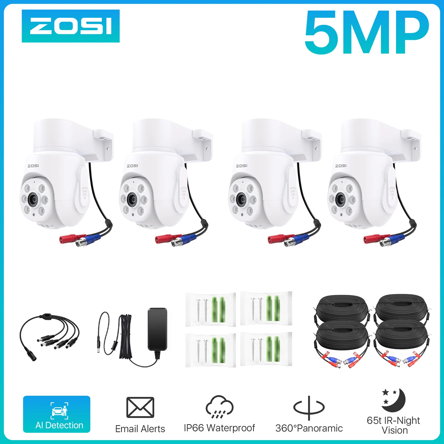 ZOSI 360°View Pan Tilt Wired Analog Security Camera Outdoor Indoor 2MP 5MP Only Compatible with 1080P,5MP,4K CCTV DVR Systems