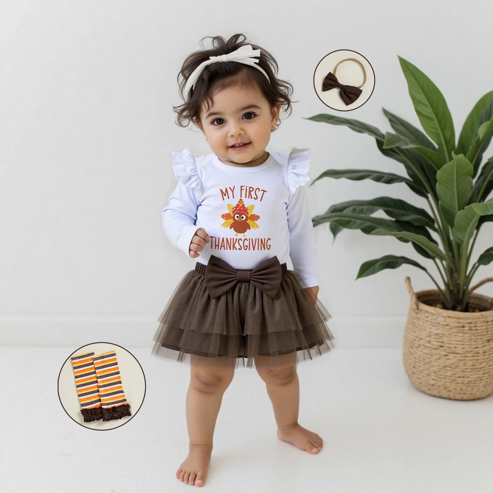 

Осенняя одежда для малышей, наряд на День Благодарения для девочек, комбинезон с длинными рукавами, фатиновая юбка, повязка на голову, комплект гетр, одежда для младенцев