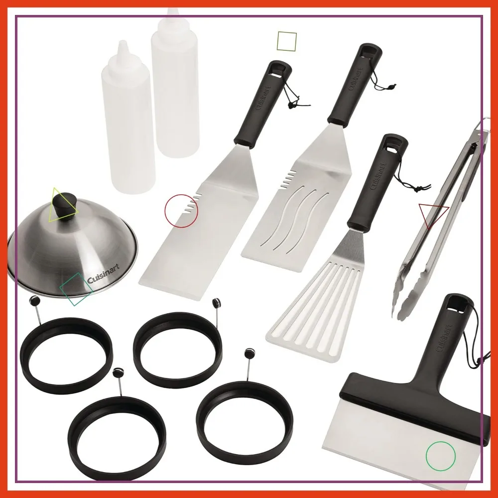 

12-Piece Outdoor Griddle Accessories Set with Spatulas, Tongs, Scraper, Melting Dome, Squirt Bottles, and Silicone Egg Rings