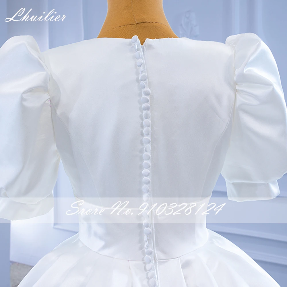 Lhuilier Customized V Neck Ball Gown Satin Wedding Dresses Short Puff Sleeves Bridal Gown with Chapel Train