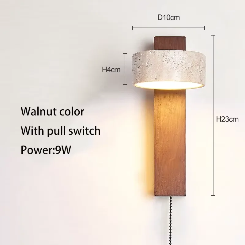 Wabi Sabi-stijl natuurlijke gele travertijn stenen wandlamp draaibaar met trekkettingschakelaar LED walnoothout decorlicht voor slaapkamer