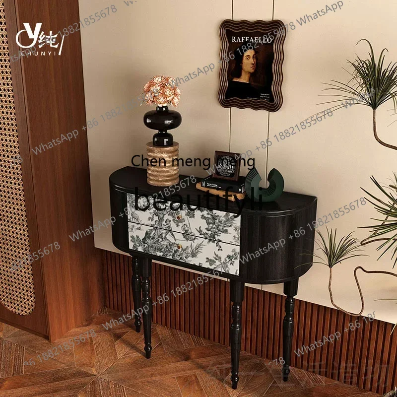 A32 French Retro Entryway Table Wall-Mounted Solid Wood Storage Cabinet Curved Organizer Chest