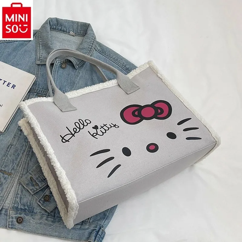 MINISO-Bolso de hombro de lona con dibujos animados de Hello Kitty para estudiantes, bolso informal de felpa, bonito, novedad de 2024