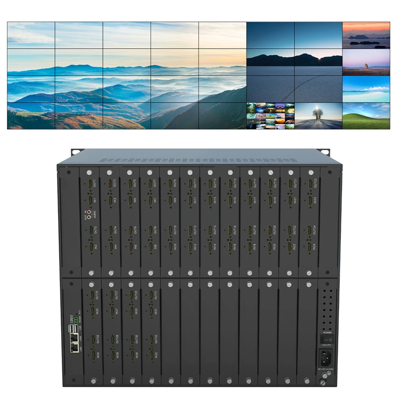 32x32 4K matrix switcher with network graphical user interface, 4x8 5x6 video wall processor, windowing and zooming functions.