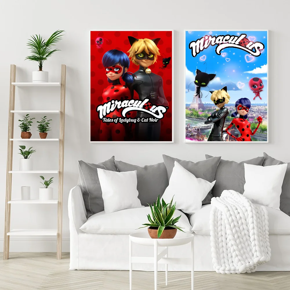 1PC Miraculous Tales Of Ladybug & Cat Noir Poster Self-adhesive Art Waterproof Paper Sticker Coffee House Bar Room Wall Decor