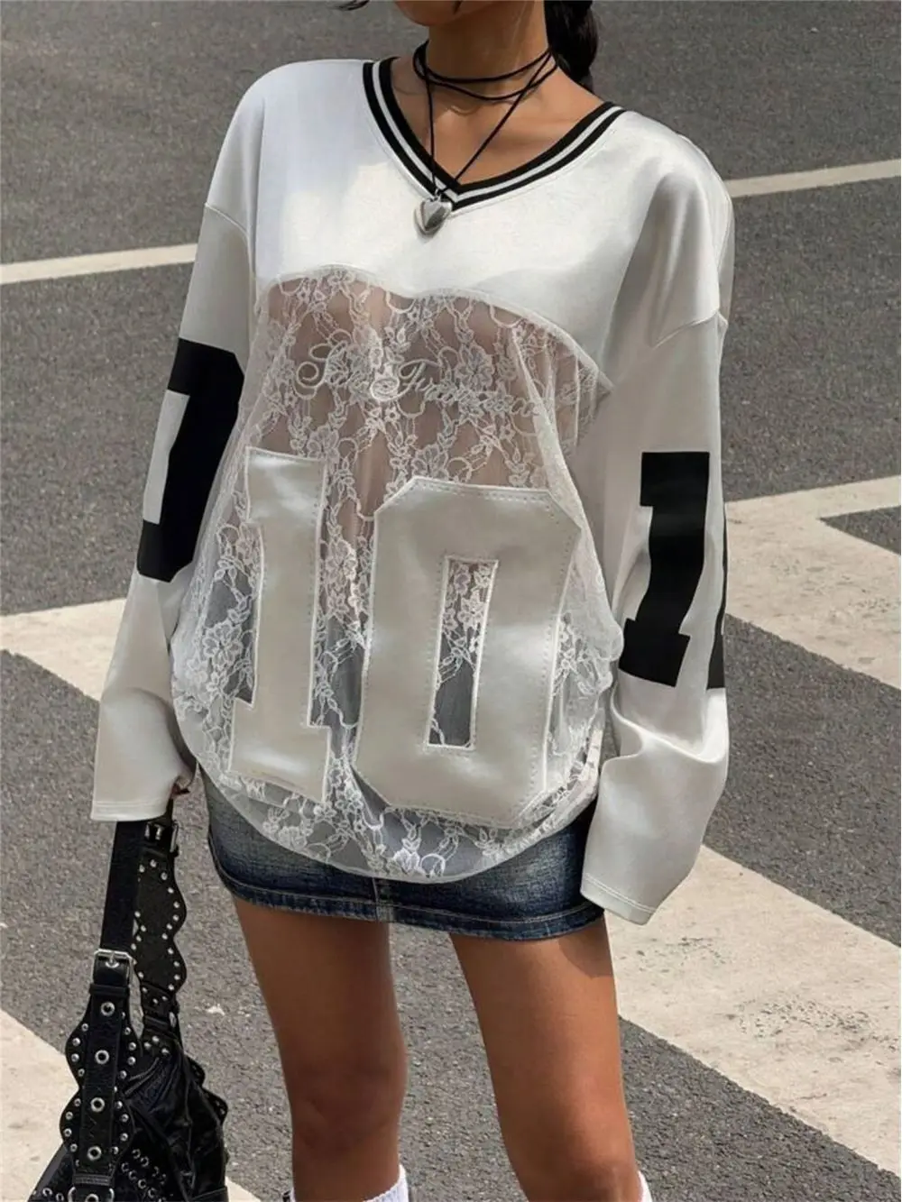 2026 New Summer Y2K Perspective Lace Splicing American Retro Shirt Long Sleeve Top Street Trendy Casual Versatile Hot Girl Niche