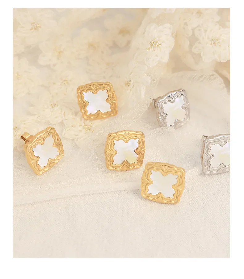 

New Arrival Titanium Steel 18K Gold Plated square seashell earrings white mother of pearl earrings for women