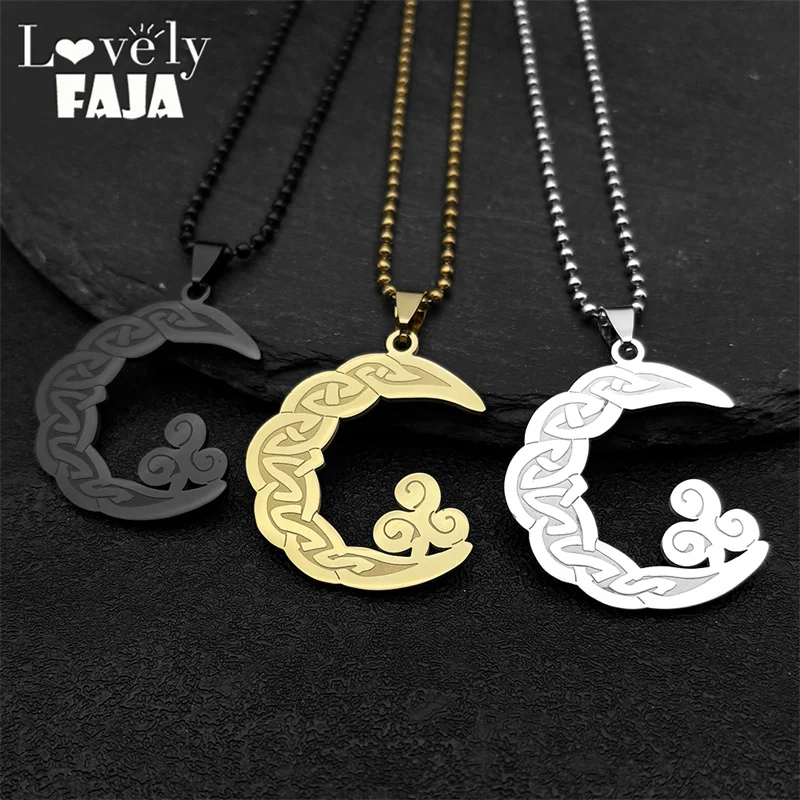 Vintage Crescent Moon Triquetra Trinity Men's Car Pendants Stainless Steel Gold Plated Witch Celtic Knot Jewelry Ornaments