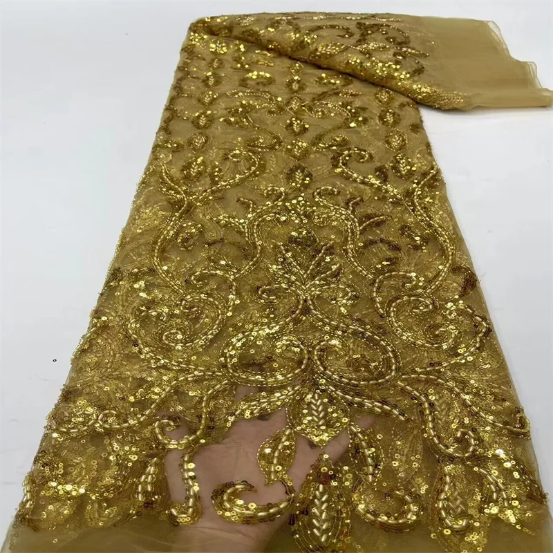 

Gold African Lace Fabric High Quality Nigerian Heavy Beaded Tulle Lace Fabric Brocade Gild Sequins Jacquard Lace Fabric 5Yards