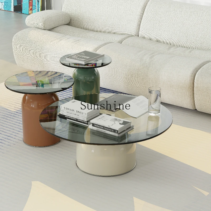 Exquisite corner glass coffee table living room household round titanium brushed small apartment