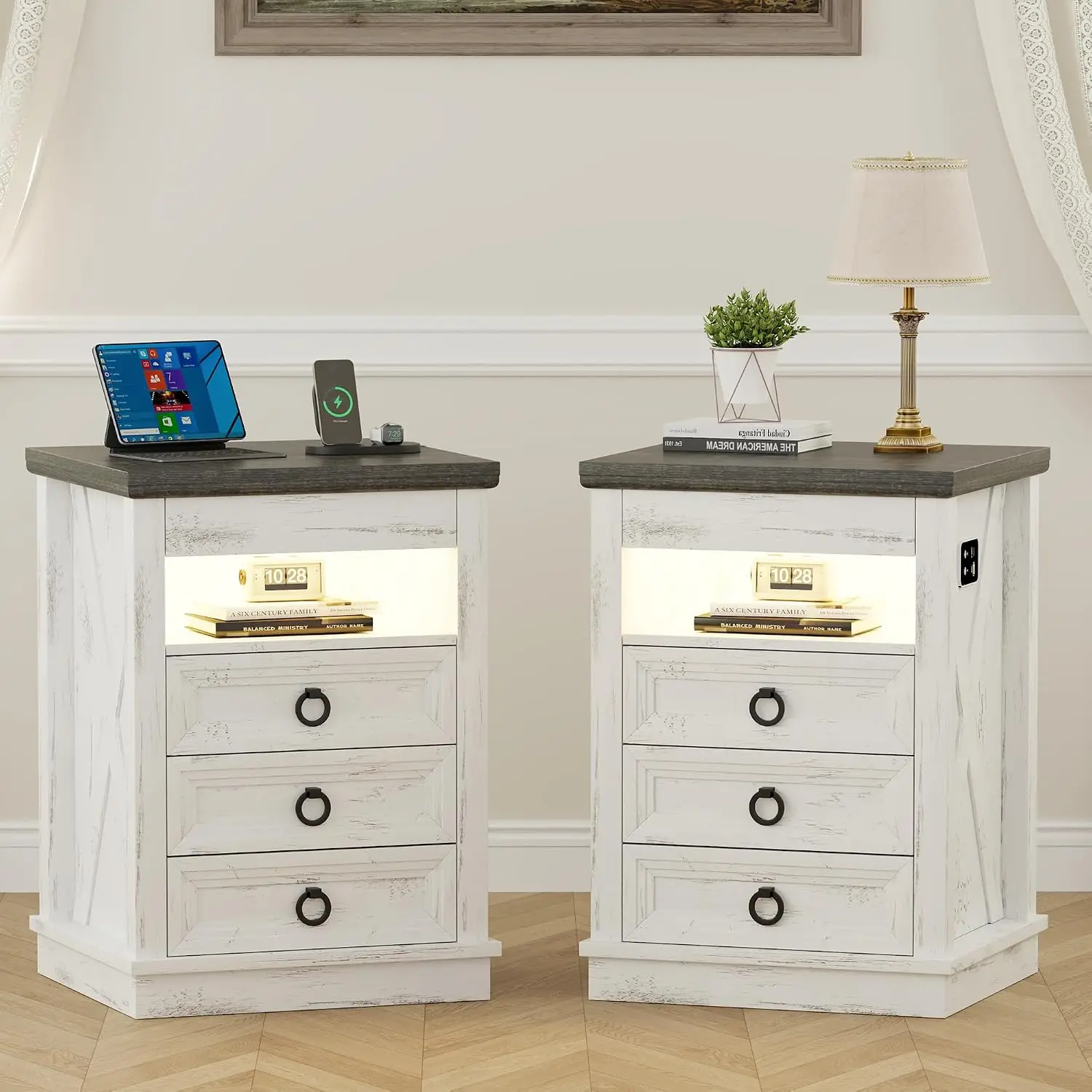 LED Nightstand with Lockable Gun Drawer & Human Sensor, 2PCS, White, Customized