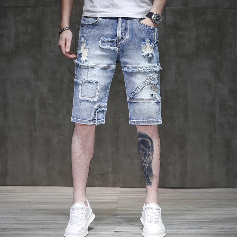 Summer New Retro Light-Colored Denim Shorts Men\'s Ripped High Street Fashion Brand Thin Pu Handsome Stretch Motorcycle Shorts