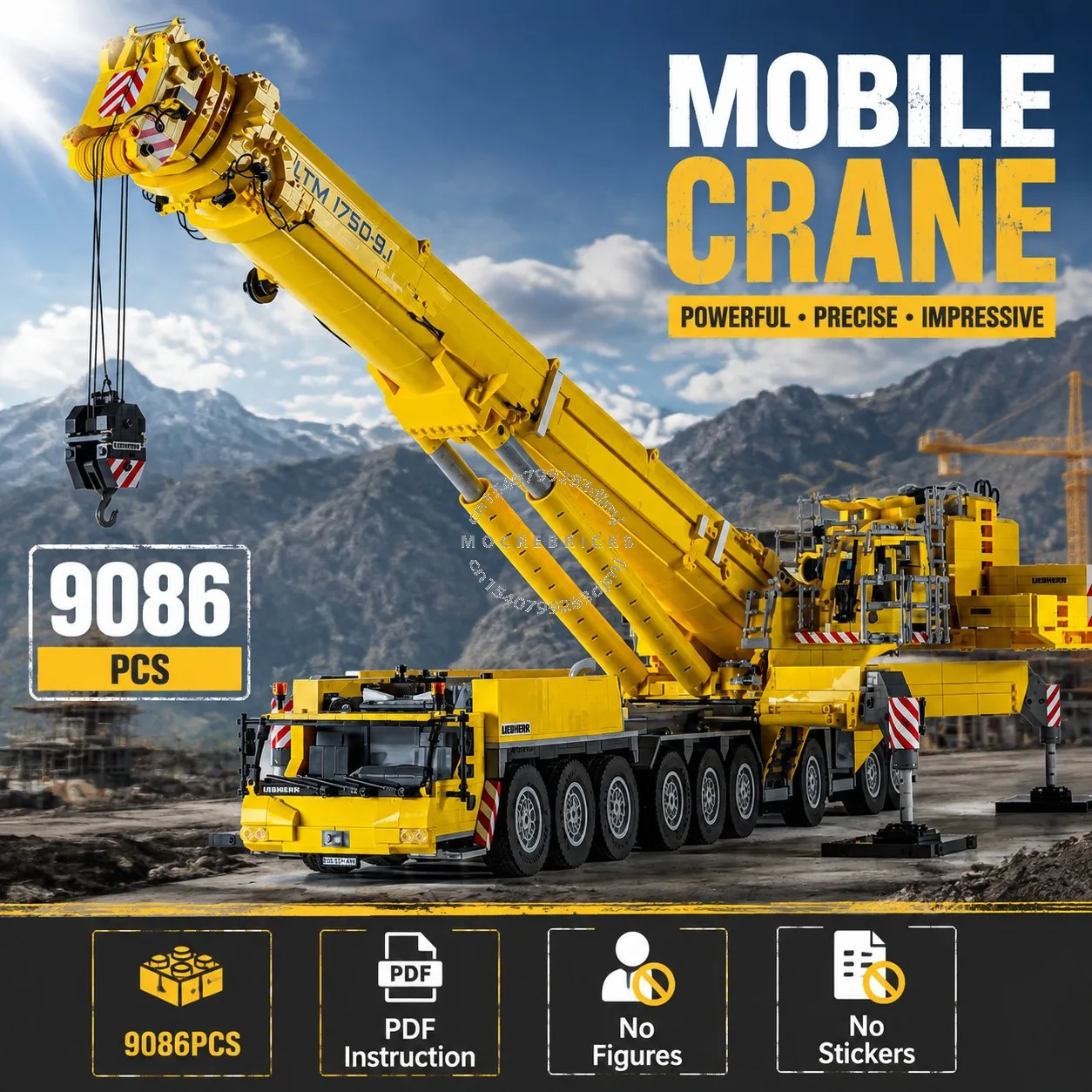 MOC Technical 1750-9.1 9-Axle All Terrain Crane Building Blocks Motorized Mobile Crane Model Bricks DIY Toys Boys Gift