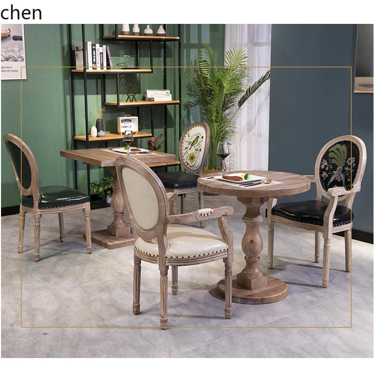 HT Solid Wood Dining Table Vintage Cafe  and Chair Set Natural Wood Office Meeting Desk Coffee Table