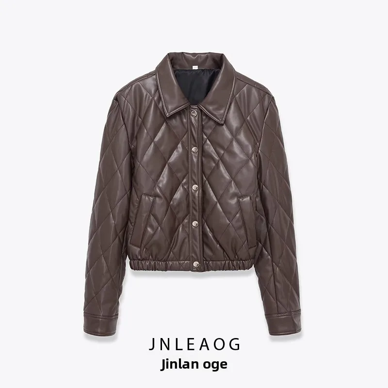 

Faionable PU ort Sve Jaet Women's Spring Autumn New Sle Casual Loose Fit Polyester Fabric Button Closure Coat