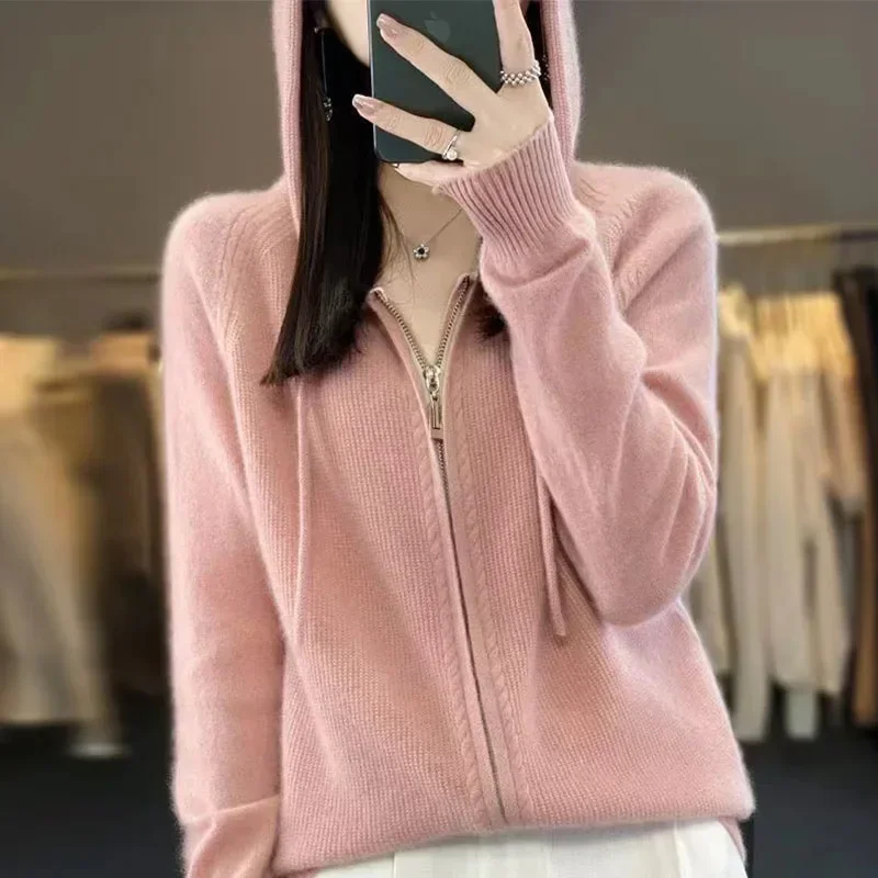 

Women Zipper Cardigan Sweater Loose Casual Solid Color Hoodie Autumn/Winter Cashmere Sweater Women's O-Neck Warm Knit Top 2024