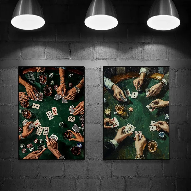 Casino Stylish Poker Night Print Poster Playing Cards and Cocktails Luxurious Party Canvas Painting Wall Art for Room Home Decor