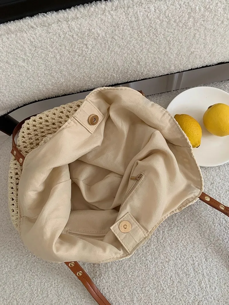 Casual Uitgehold Draagtas Met Grote Capaciteit Melk Katoen Geweven Dames Schoudertassen Handgemaakte Zomer Strandtas Big Bali Shopper Portemonnee