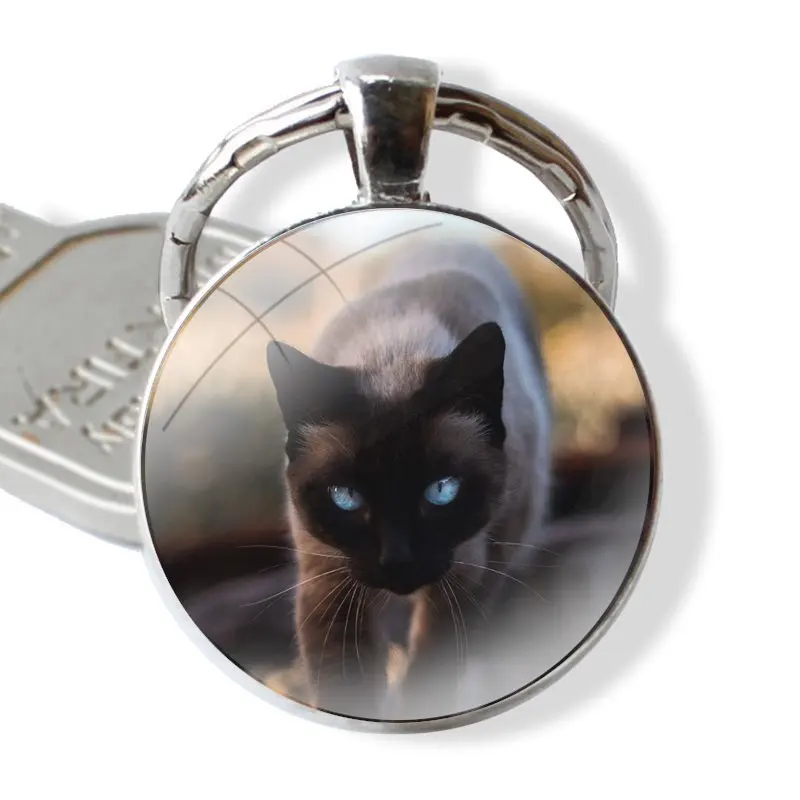 Keychain Handmade Glass Cabochon Key Ring Holder Pendant Key Chains Blue Point The Traditional Siamese Cat