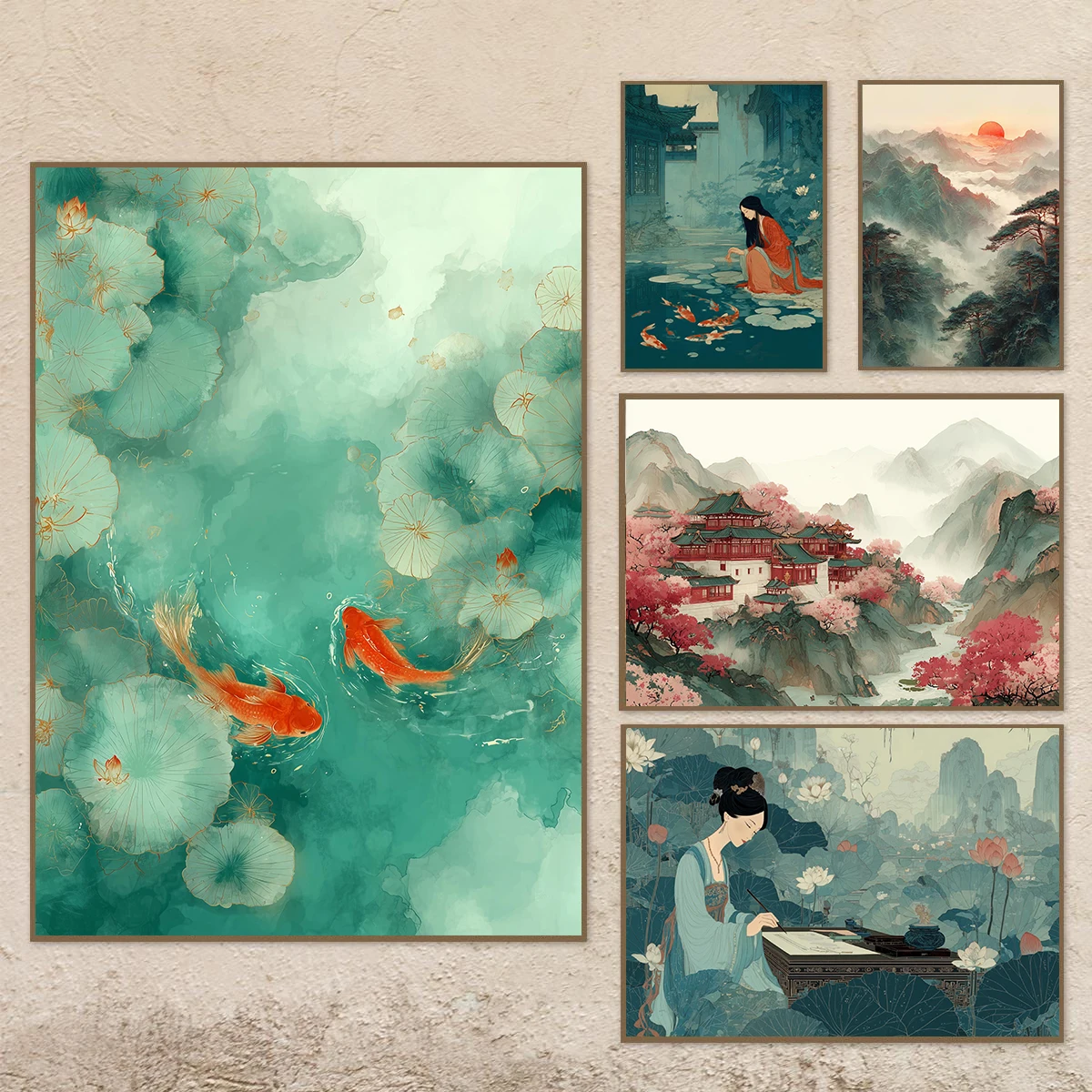 Ancient Chinese Culture Koi Fish Pond Cherry Blossom Poster Temple Lotus Prints Canvas Painting Wall Art Picture Home Room Decor