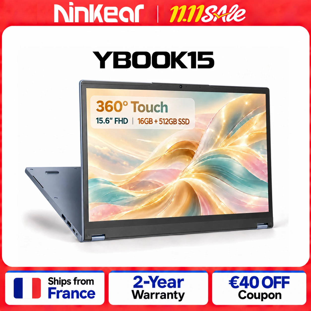 Ninkear YBook 15 Ordinateur Portable 2 in 1 16Go RAM 512Go SSD 15.6 Pouces Écran Full HD AMD Ryzen 3 3250U Windows 11 clavier rétroéclairé écran tacti