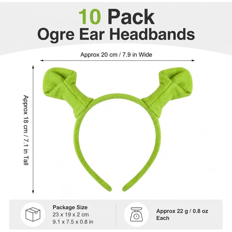 10 Pack /SET Green Ogre Ears Headband for Adults Monster Ears Cosplay Costume Accessories for Halloween Theater