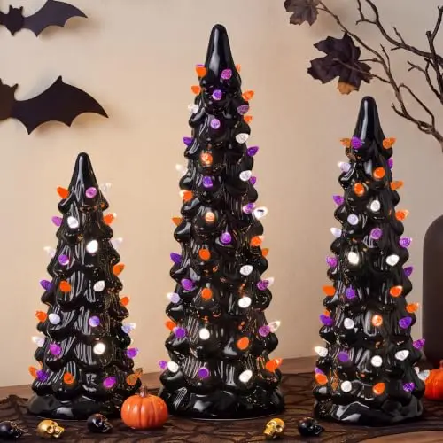 3Pc Ceramic Halloween Trees, Pre-Lit Hand Painted Pencil Holiday Tabletop Trees w/Orange Purple & White LED Lights
