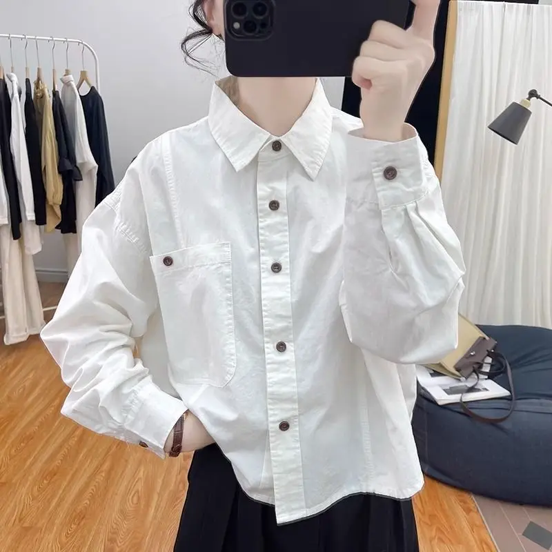 Women 2026 New Spring Retro HK Cotton Polo Collar Shirt Loose Fit Long Sleeve Age Reducing Inner Blouse