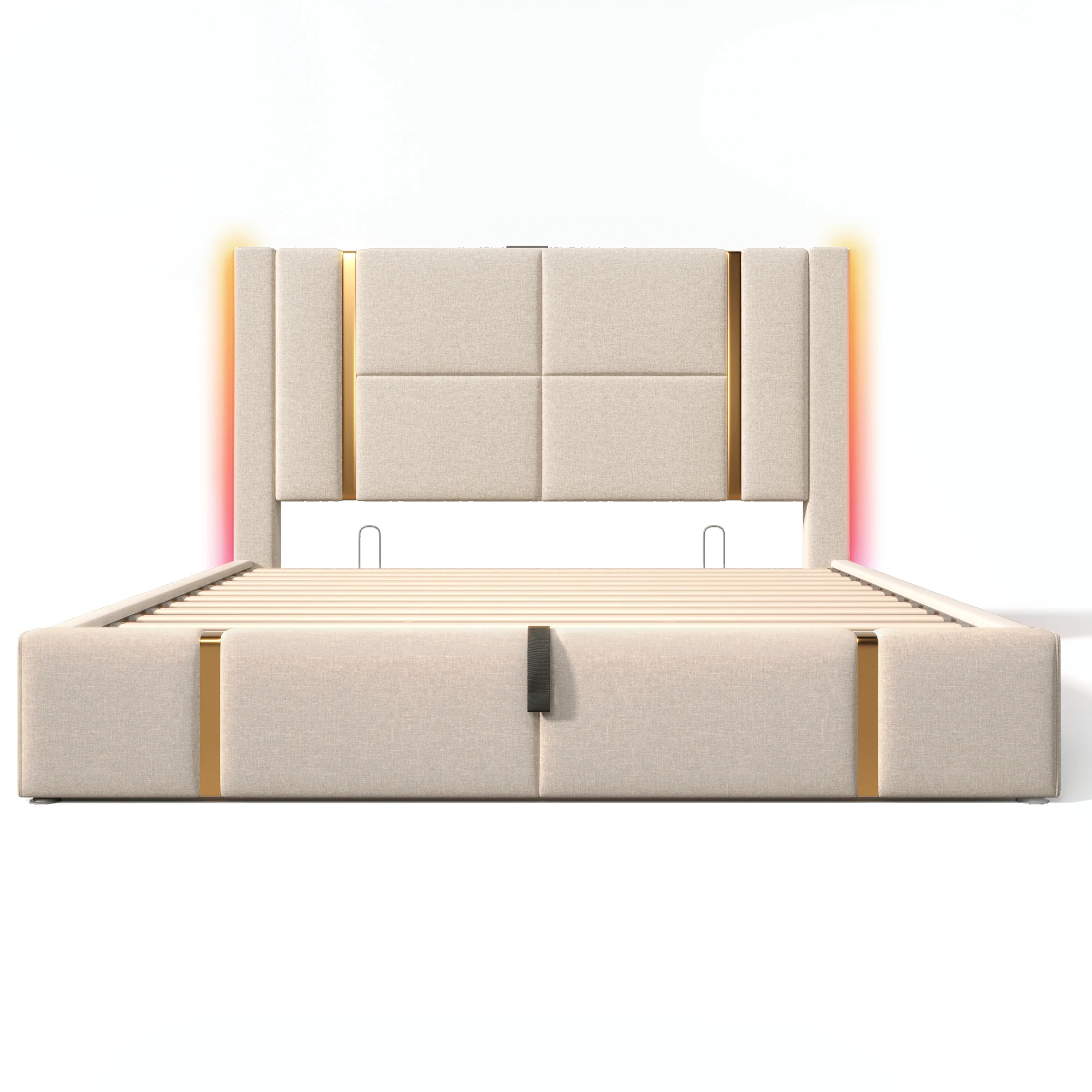 KOMHTOM Doppelbett- USB Type C Ladefunktion, APP-Control LED, Stauraumbettgestell, Leinenmaterial, ohne Matratze